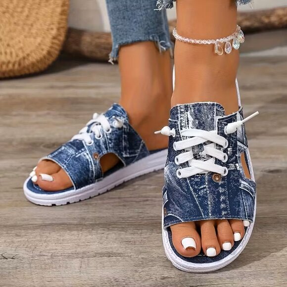 New Denim Look Sandals with Lace-Up Straps 8 1/2 - Picture 2 of 3